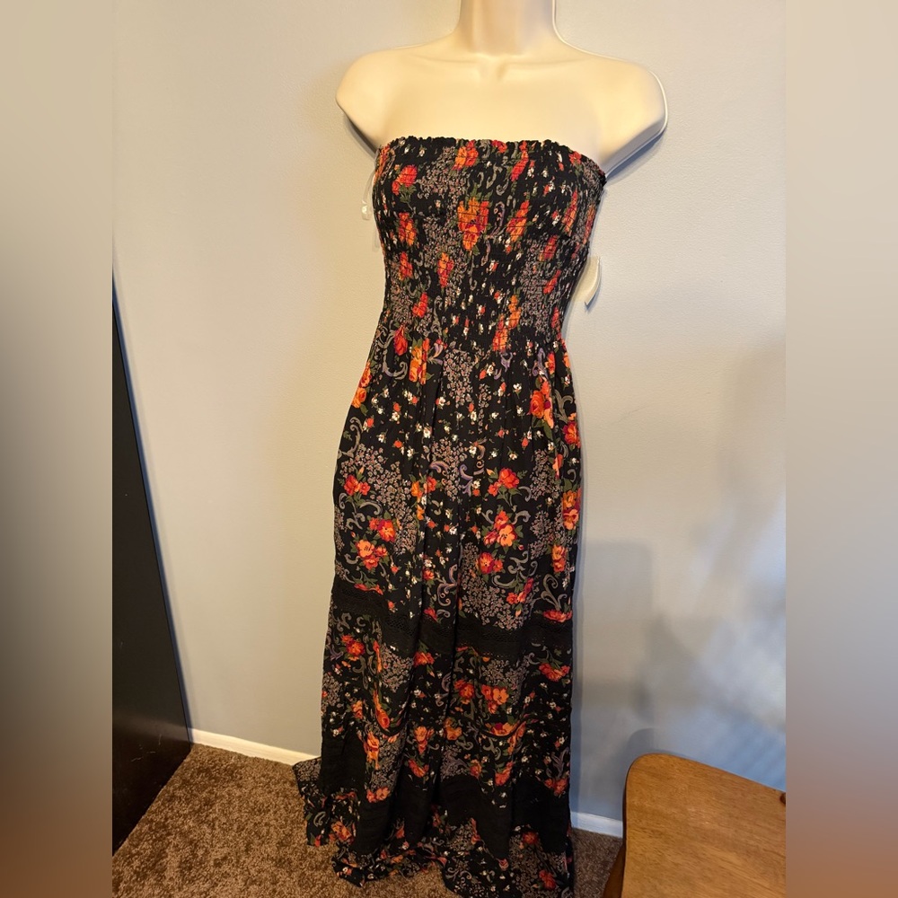 Angie Floral Strapless Jumpsuit - Black and Red size Small